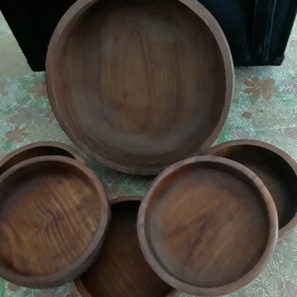 Vintage Teakwood Salad Bowl Set - 6 Pieces